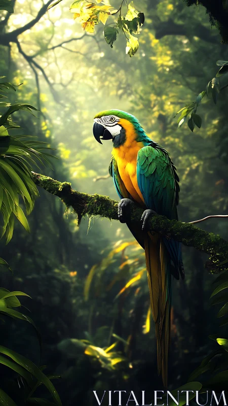 Vivid blue and gold macaw on mossy branch in rainforest.