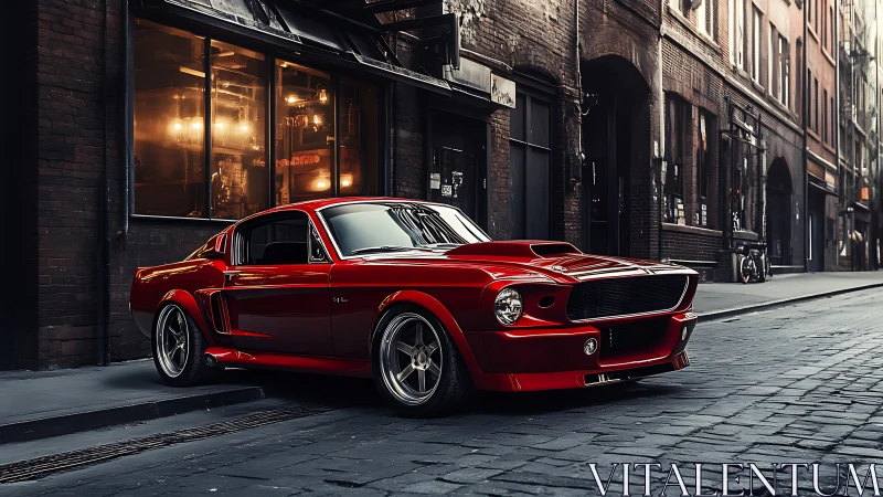 Red classic fastback car parked on cobblestone city street.