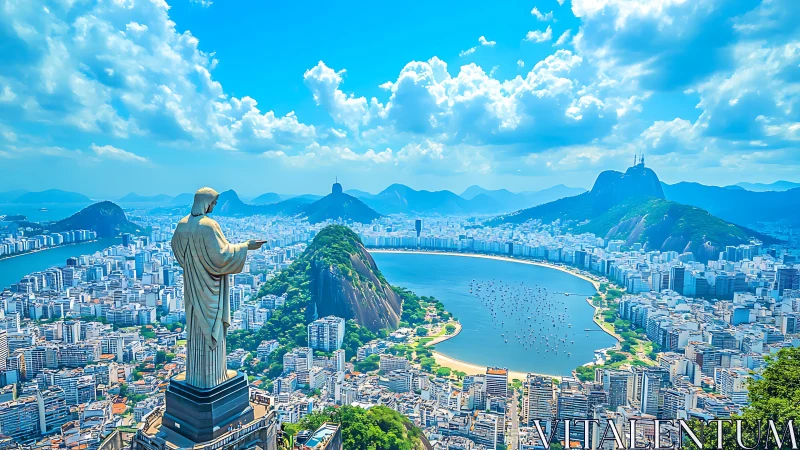 Elevated cityscape frames monumental statue over coastal lagoon