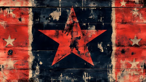 Weathered red star motif on distressed wooden panels.