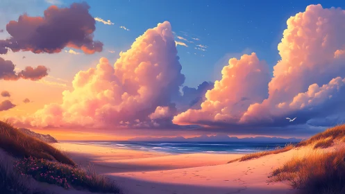 Sunset clouds over tranquil dune-lined ocean shore.