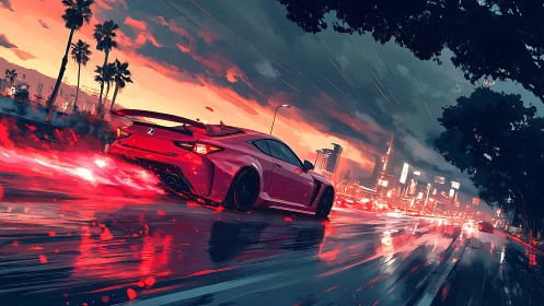Red sports car accelerates through neon city rainstorm
