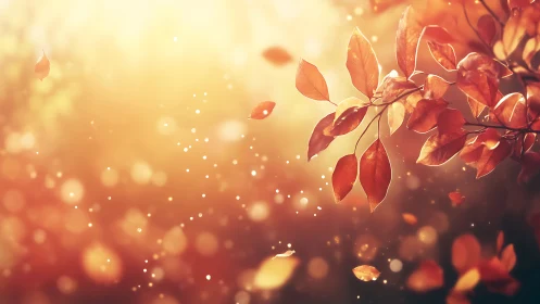 Autumn foliage with warm bokeh and drifting particles.