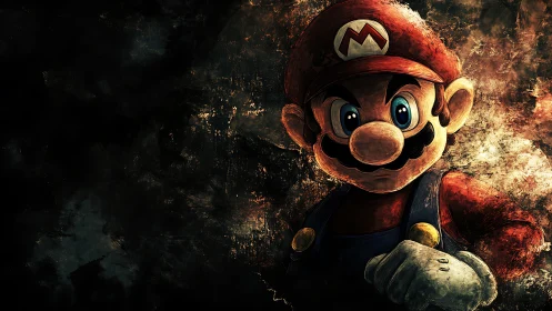 Dark textured portrait of heroic cartoon plumber figure.