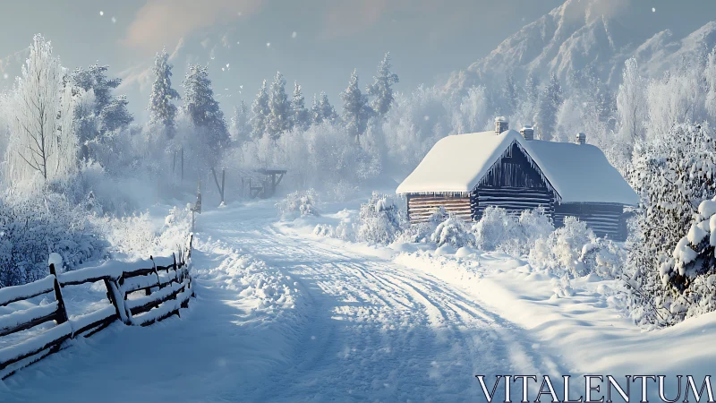Snow-covered rural cabin beside a winter forest path.