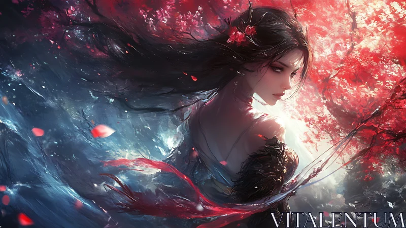 Mystical woman amid red blossoms and swirling water.