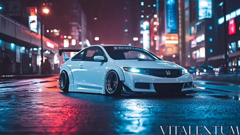 Widebody Honda Civic on wet neon street under cinematic night rain
