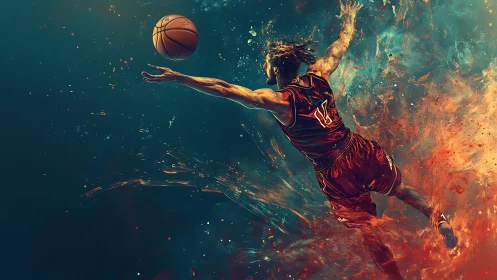Basketball player dives through fiery splash toward ball