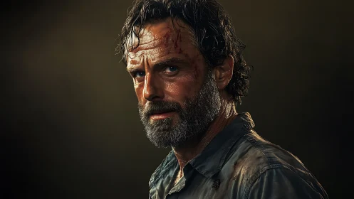 Weathered man with beard staring ahead in dim light.