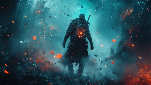 Lone sci fi wanderer in ember filled neon misted ruins.