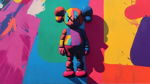 Colorful toy character stands calmly on a bold street mural