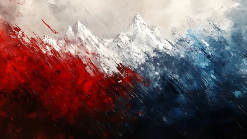 Abstract snow-capped mountain range with red and blue fields.