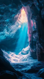 Iridescent ice cavern shaft with volumetric god rays and drapery
