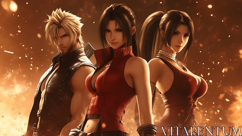 Three anime warriors in fiery orange cinematic lighting.