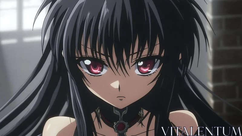 Crimson eyed gothic heroine framed in stormy resolve.