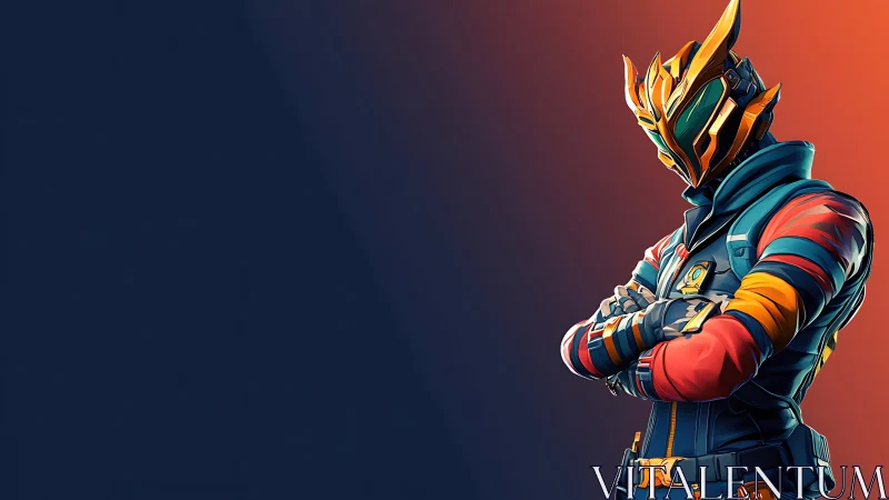 Cyber hero stands in vivid armor against split background.