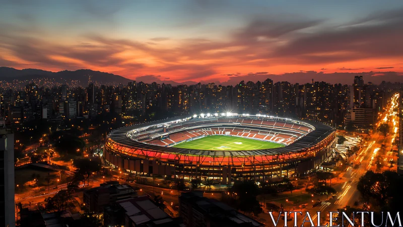Illuminated football stadium within dense evening cityscape.