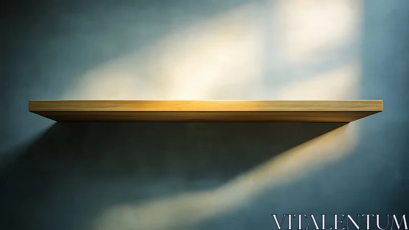 Minimalist floating wood shelf under directional soft daylight
