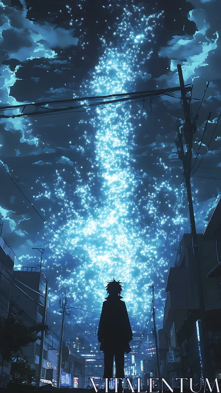 Silhouette under vertical stream of blue urban sky lights.