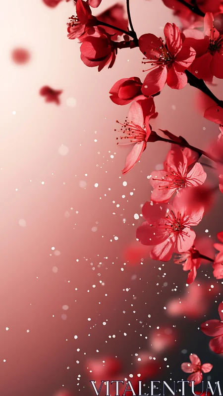 Red Cherry Blossoms with Bokeh Particles in Soft-Focus Composition.