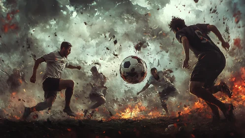 Soccer players chase ball through smoky, fiery battlefield
