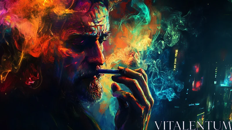 Brooding smoker exhales neon smoke in moody cyberpunk city