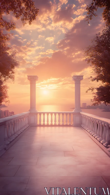 Sunlit seaside terrace welcoming a gentle pastel sunrise.