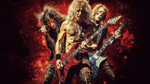Heavy metal guitar trio exploding under molten red light.