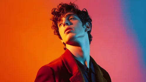 Curly haired model poses under vivid orange and blue light