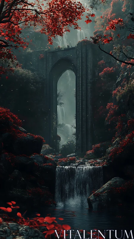 Ancient stone archway framed by red forest and waterfalls.