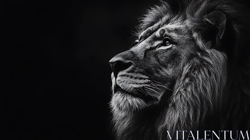 Quiet strength in a lion&rsquo;s gaze against deep shadowed night.