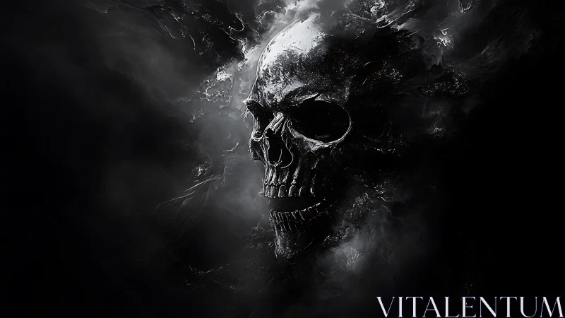 Volumetric-lit skull silhouette emerges from turbulent smoke field