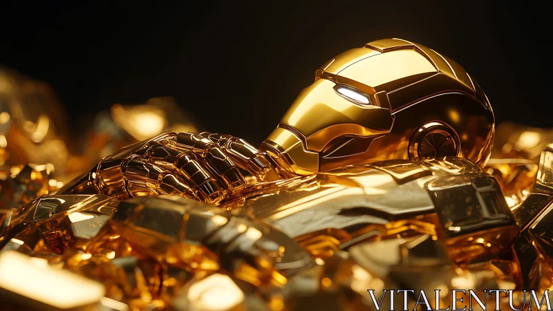 Golden robotic helmet rests on reflective mechanical debris