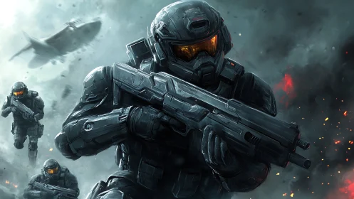 Armored sci fi assault squad advances through kinetic warzone