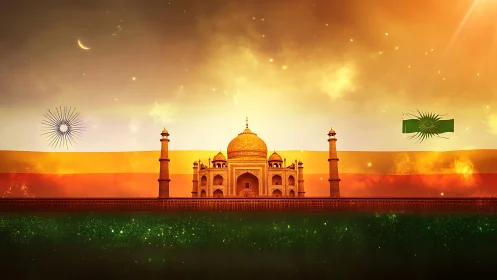 Illuminated Taj Mahal framed by stylized tricolor sky and flags