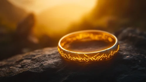 Macro closeup of engraved golden ring on rock at sunset