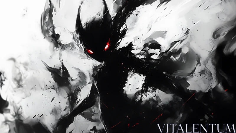 Inkstorm Demon With Ember Eyes Stalks the Monochrome Void.