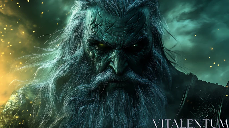 Ancient dark wizard glares through stormlit emerald fire