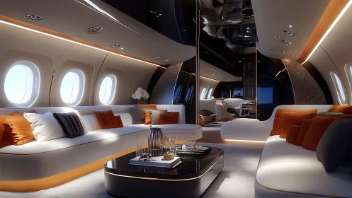 Luxurious private jet lounge with modern cabin interior.