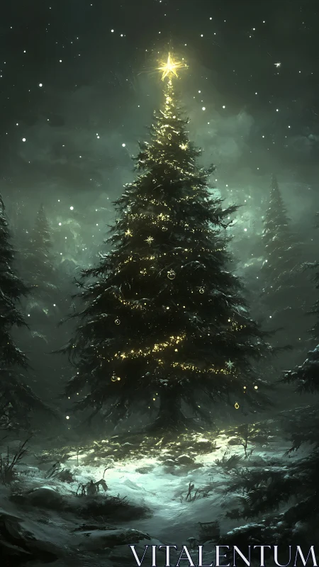 Starlit forest Christmas tree glowing in a snowy night.