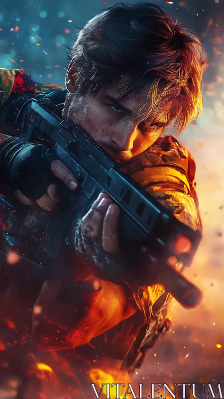 Battle-hardened soldier aims rifle through blazing crossfire