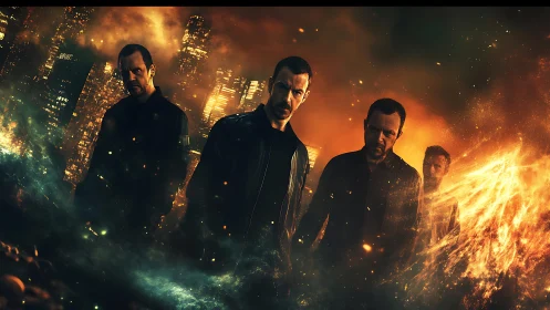 Four men stand in front of a burning futuristic cityscape