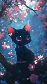 Wide-eyed black kitten gazes dreamily in a glowing blossom tree