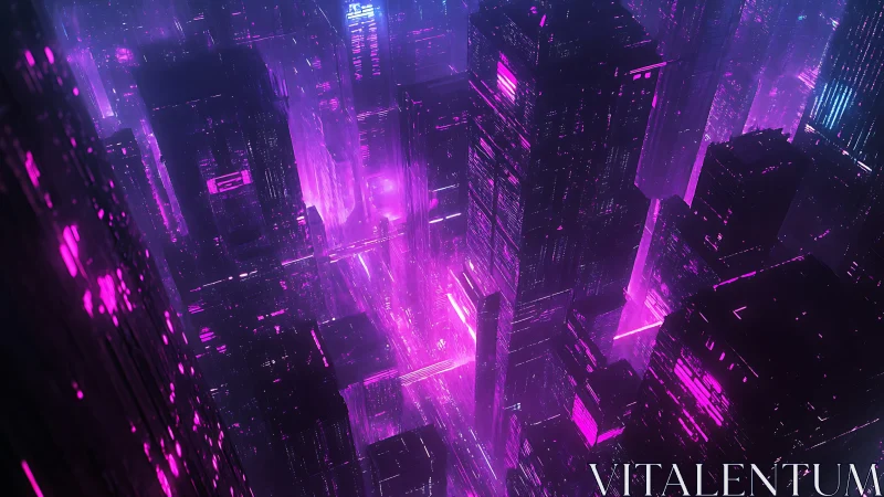 Neon magenta cyber cityscape with volumetric haze and light trails.