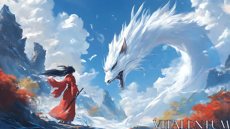 Swordswoman confronts white sky dragon in mountain pass.