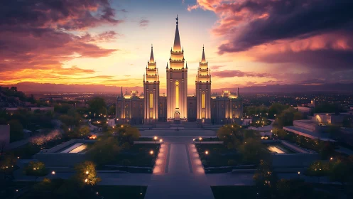 Sunset-lit cathedral with glowing spires and grand plaza.