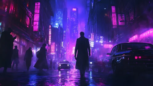 Lone wanderer in neon soaked cyberpunk city night streets.