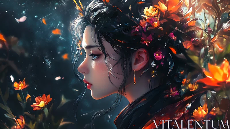 Luminous floral portrait of contemplative woman in profile.