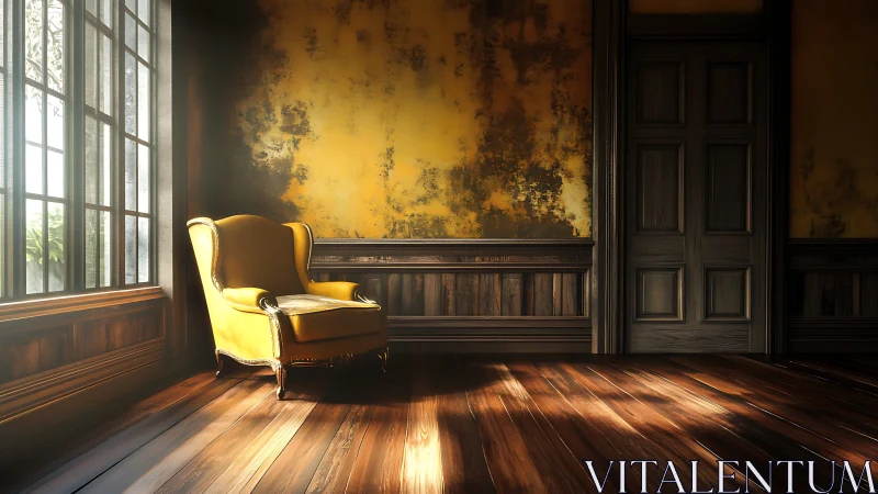 Golden armchair rests in decayed sunlit vintage parlor
