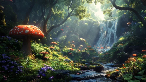 Enchanted forest mushrooms glow beside luminous waterfall.